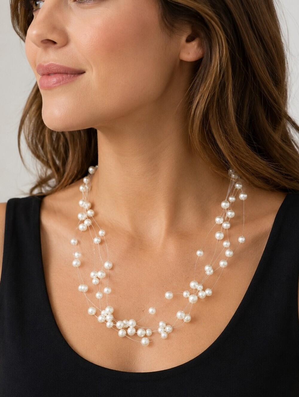 5/$25 VTG Glass Pearl Beaded Floating Illusion Bridal Station Necklace